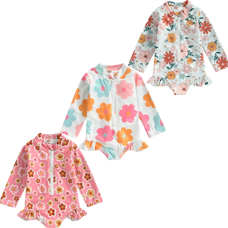 Maillot de bain à imprimé Floral pour fille de 0 à 5 ans, manches longues, fermeture éclair, protection contre les éruptions cutanées, à volants, vêtements de plage pour bébé