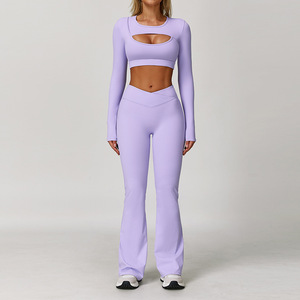 <span class=keywords><strong>HM</strong></span> 2025 Ensemble de yoga 5 pièces grande taille, uni, dos nu, en tricot sans couture Spandex/Nylon, taille haute, séchage rapide, respirant, manches longues - Product Image 3