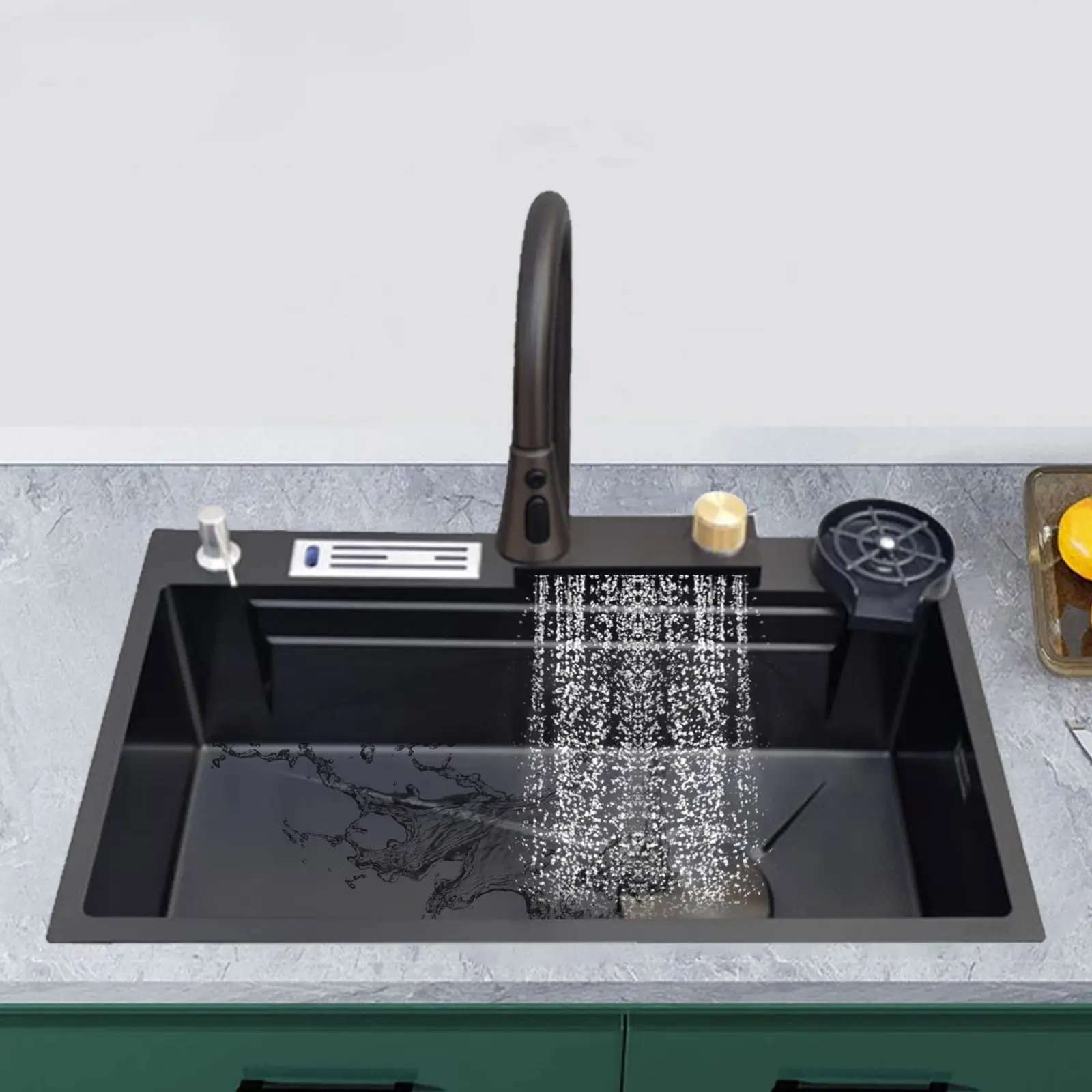 Double smart stainless steel handmade large basin waterfall faucet kitchen sink black waterfall sink