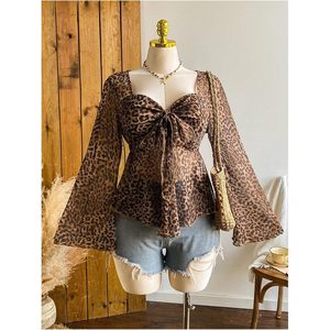 Blusa de Mujer con Mangas Campana y Estampado de Leopardo, Top de Gasa con Lazo Delantero y Peplum, Camisa Elegante para Fiesta - Product Image 5