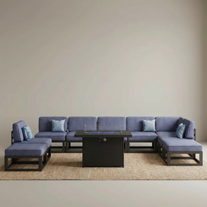 Ensemble <span class=keywords><strong>de</strong></span> canapés d'extérieur en tissu bleu imperméable avec foyer carré, mobilier <span class=keywords><strong>de</strong></span> patio modulaire minimaliste pour <span class=keywords><strong>jardin</strong></span> et cour arrière - Product Image 4