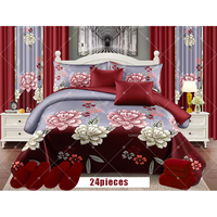 Ensemble de Literie de Mariage de Luxe 3D 24 Pièces en Gros, Dessus de Lit avec Garnissage en Coton, Couette Rouge et Jeu de Draps avec Rideaux