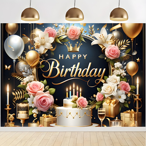 لافتة خلفية للحفلات الأكثر مبيعًا من المصنع بتصميم بالونات بلاتينية وزهور وكيك مطبوعة رقميًا، لوازم ديكور أعياد ميلاد سعيد - Product Image 3