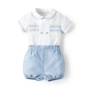 2024 Summer Baby Boys Smocked Suit Children Hand Made Smocking Clothes Sets White Shirts Peter Pan Collar Denim Cotton Shorts