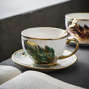 Light Luxury High-Value Sustainable Reusable Feather Ceramic Modern Floral Pattern 220ml Capacity Coffee Tea <b>Cup</b> <b>Set</b> Spoon - Product Image 6