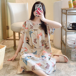 Robe de nuit pour femmes, <span class=keywords><strong>grande</strong></span> <span class=keywords><strong>taille</strong></span>, douce, col rond, manches courtes, longue, imprimé tendance, pyjama ample pour dames - Product Image 2