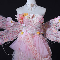 Costume de scène pour fées et anges, fait main, pour adultes, style kit, rose fleuri, court, en polyester