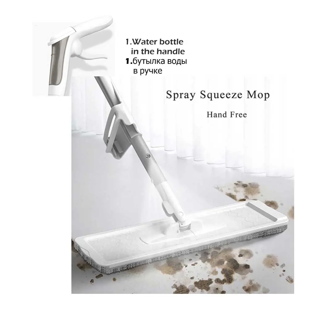 Atacado branco spray mop aço inoxidável alça plana squeeze mop set spray de água microfibra squeeze mop para uso doméstico limpo