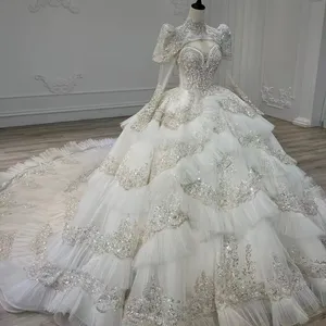 Gorgeous Shiny Wedding Dresses O Neck Brilliant Sequined Embroidery Tiered Lace Beading With Tailing Bridal Gown Luxury