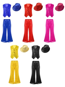 Kids Hand-wash Sparkly Jazz Stage Style Full Sequin V-neck Vest and Flared <b>Pants</b> 3 Piece Set for Boys Girls Custom Performance - Product Image 1