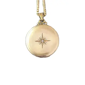 Antique 925 Sterling Silver Diamond CZ Set Starburst Sunburst Locket Necklace Round Photo Pendant Lovely Gold Plated Jewelry