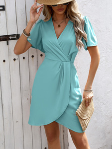 Vestido Casual de Verano con Pliegues Cruzados, Cuello en V Profundo, Manga Corta, Transpirable, Tejido, Cintura Natural, Largo hasta la Rodilla, Liso Teñido, Suministro ODM - Product Image 5