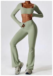2025 nuevo estilo de mujer gimnasio Fitness Yoga conjuntos de cintura alta pantalones de manga larga Top Sujetador deportivo gran oferta ropa activa de cintura alta - Product Image 2