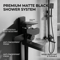 Ensemble de douche moderne en acier inoxydable poli, système de douche triangulaire à effet pluie et jets avec douchette à main, noir et chrome