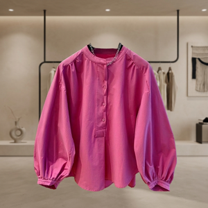 Blusa de Algodón Rosa con Cuello Mandarín Personalizada para Mujer |   Blusa Casual de Primavera/Verano de Color Sólido con Mangas Abullonadas y Corte Holgado |   OEM ODM - Product Image 3