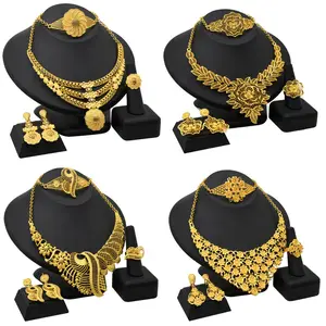 High Quality Statement Dubai 24K Gold Plated Necklace Bracelet Earrings Rings Arabian Women's Bridal Fashion Jewelry