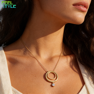 Collana Minimalista con Doppio Cerchio e Ciondolo CZ, Placcata in Oro 18K, Acciaio Inossidabile, Gioiello Trendy Impermeabile <span class=keywords><strong>per</strong></span> Donne - Product Image 1