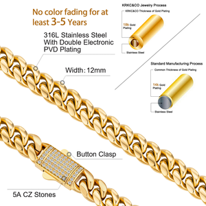 สร้อยคอคิวบันหนา สแตนเลส 316L ชุบทอง 18K ประดับเพชรซิร์คอน ขายส่งแบบ OEM - Product Image 2