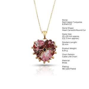Collar con Colgante de Turquesa en Forma de Corazón, Cobre Rojo, con Cadena de Latón Chapado en Oro y Circonitas Negras, Joyería Romántica para Mujer - Product Image 1