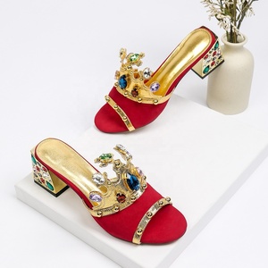 Rivet Diamond Crown Decor Sandals Women Colorful Rhinestone Square <b>Heel</b> Luxury <b>Suede</b> Mules Summer Slide High <b>Heels</b> - Product Image 2