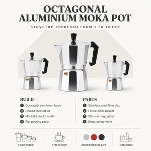 Caffettiera <span class=keywords><strong>Moka</strong></span> Ottagonale Classica in Alluminio Resistente per Espresso <span class=keywords><strong>da</strong></span> Fornello, <span class=keywords><strong>da</strong></span> 1 a 14 Tazze, Colori Argento Rosso Nero, Ingrosso OEM ODM - Product Image 5