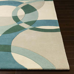 Tapis élégant en laine de Nouvelle-Zélande tufté à la main avec un motif circulaire croisé bleu sarcelle et beige pour salon, chambre et hôtels - Product Image 3
