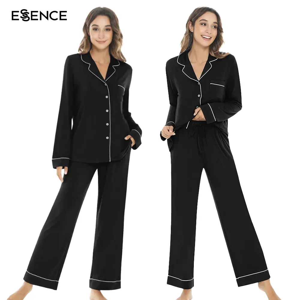 Pijama de bambu feminino Soft Notch Collar Personalizado Tubulação Manga Longa Bambu Sleepwear PJ Loungewear Conjuntos Mulheres