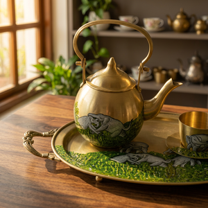 Théière vintage en laiton avec couvercle et poignée, motif éléphant vert, pour les fêtes - Product Image 3