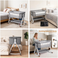 Lit bébé 3-en-1 avec cadre métallique et roulettes, réglable en hauteur, pliable facilement, matelas pour nouveau-né gris