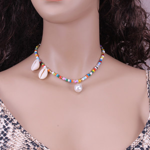 Collar de cuentas de semillas coloridas hecho a mano con perlas y conchas, diseño asimétrico para mujer, joyería de fiesta, 5x7 pulgadas - Product Image 5