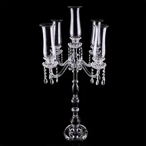 批发k9水晶玻璃高烛台，用于婚礼摆件装饰，带5头烛台