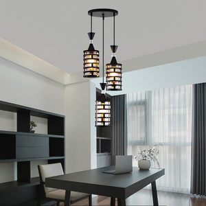 Suspension industrielle en cage métallique noir mat à 3 lumières LED avec abat-jour en verre pour cuisine, salle à manger, salon - Product Image 5
