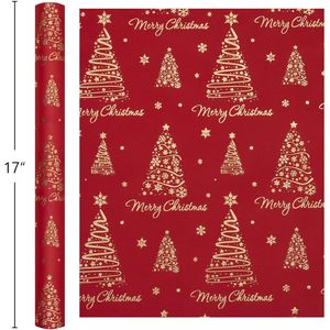 Red Christmas Wrapping Paper Roll 17in x 32.8ft Gold Foil Trees And Letters Gift <b>Wrap</b> For Holiday Celebration - Product Image 6