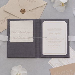Handmade Linen Wedding Invitation <b>Folder</b> Gold Foil Logo Custom Folio with <b>Card</b> Holder and Inserts - Product Image 1