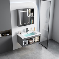 Meuble de salle de bain mural moderne en aluminium spatial avec vasque en pierre frittée, miroir intelligent anti-buée, étanche, gris, pour hôtel