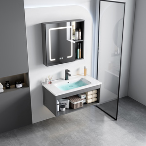 Mueble de Baño Moderno de Aluminio Espacial, Colgante de Pared, con <span class=keywords><strong>Lavabo</strong></span> de Piedra Sinterizada, Espejo Inteligente Antivaho e Impermeable, Gris, para Hotel - Product Image 2