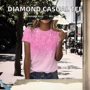 T-shirt décontracté pour femme à manches courtes en polyester écologique de haute qualité avec décoration en diamant, version coréenne, respirant et coupe-vent - Product Image 2