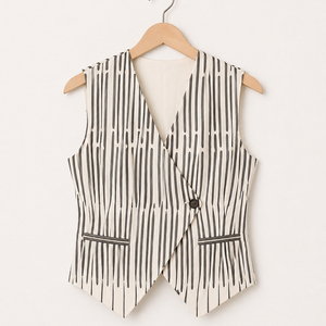 Chaleco sin mangas a rayas blancas y negras, estilo cruzado, entallado, informal, para mujer, para usar con vestido. - Product Image 1