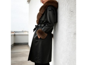 OFTBUY Giacca in Pelle PU Impermeabile Reversibile Primavera/Autunno con Collo e Polsini in Finta Pelliccia di Volpe, Cintura Lunga, Stile Moto - Product Image 5