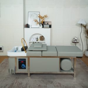 Poltrona da Parrucchiere in Acrilico Grigio Chiaro con Lavabo in Plastica, Circolazione d'Acqua Termostatica e Mobile Contenitore, Design Moderno e Semplice per Saloni di Bellezza - Product Image 1