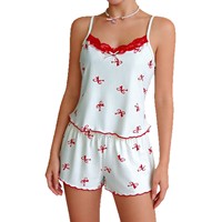 Pakaian Tidur Wanita Setelan Cami dan Celana Pendek Motif Pita Lucu, Langsung dari Pabrik, Kedatangan 2026, Piyama, Loungewear, Nightwear, Homewear, OEM Custom