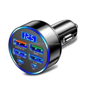 ที่ชาร์จในรถยนต์แบบดิจิตอล 4USB พร้อมหน้าจอแสดงผล รองรับการชาร์จเร็วแบบ PD สำหรับโทรศัพท์มือถือ นาฬิกาอัจฉริยะ 6-in-1 ช่องเสียบหลายพอร์ต ปรับแรงดันไฟได้ - Product Image 1
