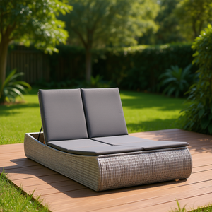 Chaise longue double en polyrotin gris avec coussins, mobilier d'extérieur durable au design contemporain - Product Image 2