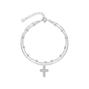 S925 Silver Cross <b>Bracelet</b> With Crystal Rhinestone Prong Setting Chain Link Women's Religious Everyday Wear Jewelry - Product Image 1
