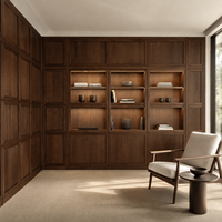 Panneau mural en noyer sur mesure de luxe moderne, bibliothèque intégrée et armoire de rangement murale avec éclairage LED