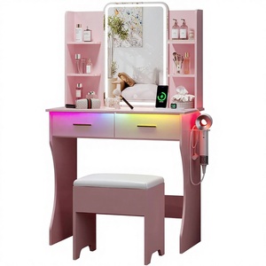 Small Modern Design Wood <strong>Vanity</strong> Desk Mirror with LED <strong>Lights</strong> Adjustable Lighting 2 Drawers Compact Dressing <strong>Table</strong> for Women - Product Image 1