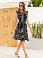 Robes pour femmes, style vintage, à volants, à pois, évasées, style robe de bal, décontractées, pour le bureau, pour femme, été, longueur genoux, taille empire, en taffetas