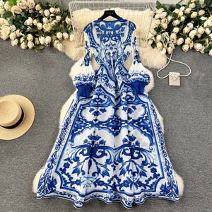 Vestido de Alta Costura con Estampado Majólica para Mujer, Holgado, con Pliegues, Midi, de Noche, con Cuello Redondo, Manga Larga Abullonada - Product Image 1