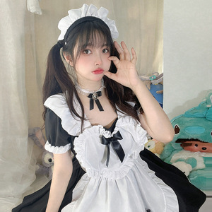 Japanese Classic Black White Maid Outfit Cosplay Lolita Dress With Apron Necklace Headwear For Anime Role Play Spring 2025 - Product Image 1