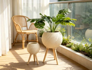 Leaf Embossed Spherical Tripod Plant Pot Set of 2, <b>Ball</b>-shaped Textured Standing Flower Planter with Wooden Legs, Indoor Outdoor - Product Image 2